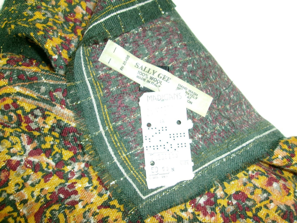 Sally Gee Vintage Womens Scarf 100% Light Weight Wool  Green Gold Original Tag