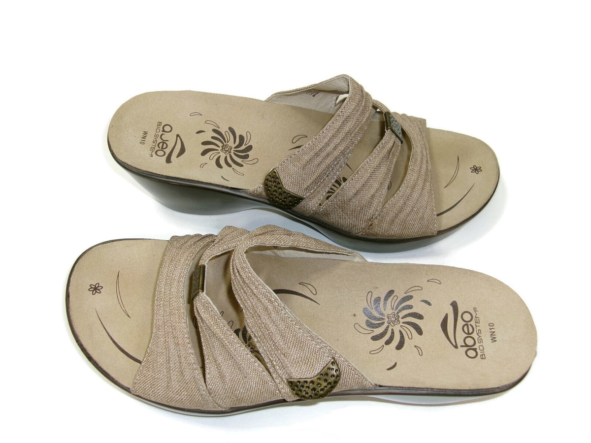 Abeo Womens Burlap Brown Sandals Shoes Size 10 N Wedge Slip-on Hook Loop Mules