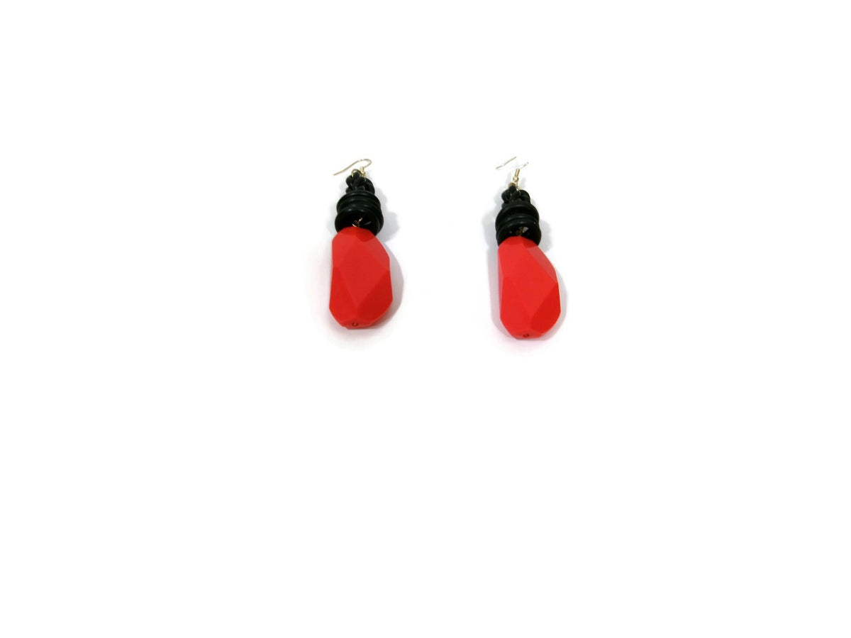 Womens Ear Candy Statement Drop Earrings Large  Redish Orange / Black Unique