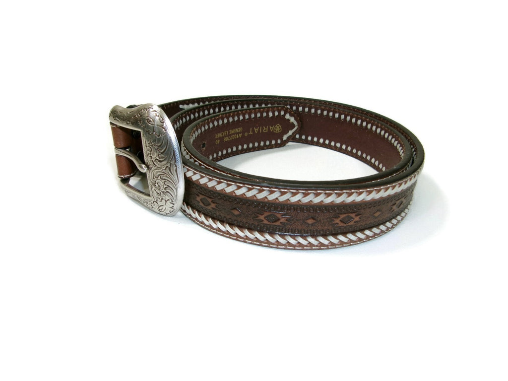 Ariat Mens Southwestern Western Belt Size 40 Brown Leather  Buckstitch Lacing