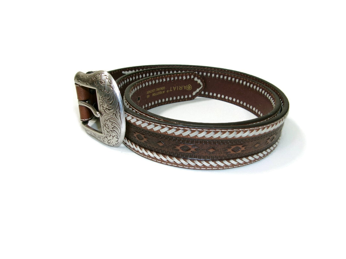Ariat Mens Southwestern Western Belt Size 40 Brown Leather  Buckstitch Lacing