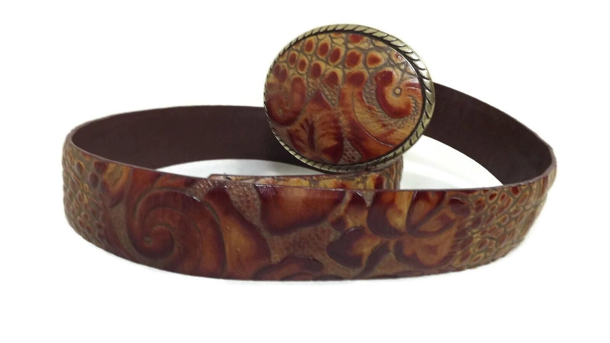 Landes Signature Vintage Tan Tooled Leather Croc & Floral Embossed BELT Size M