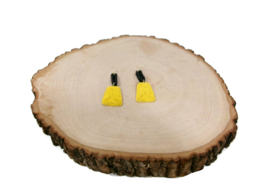 Womens Ear Candy Statement Drop Earrings Yellow Raffia & Black Rubber Design