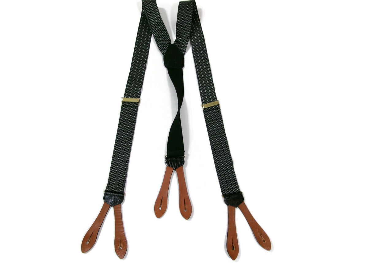 Mens Black Gray Suspenders w/ Black Leather Croc Embossed Tabs Made In England