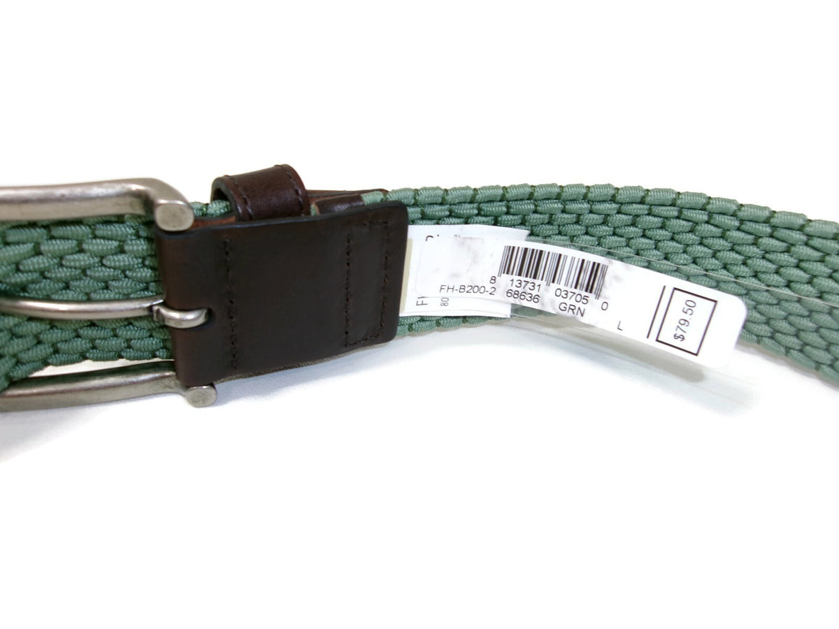 Fish Hippe Mens Sage Green Stretch Woven Belt  Leather Accents Size L Large $79