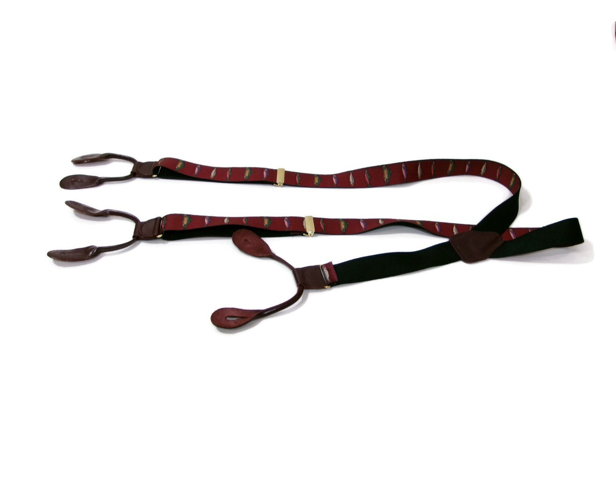 Mens  Burgundy /Redish  Suspenders Pelican USA Trout Fish Leather Tabs