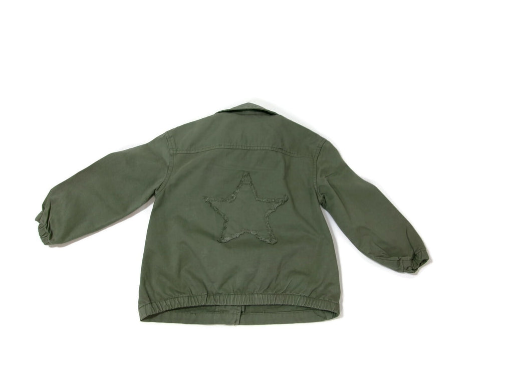 MNG Girls Stylish Green Khaki Jacket Star Embroided Back Cargo Pockets Size 6/7