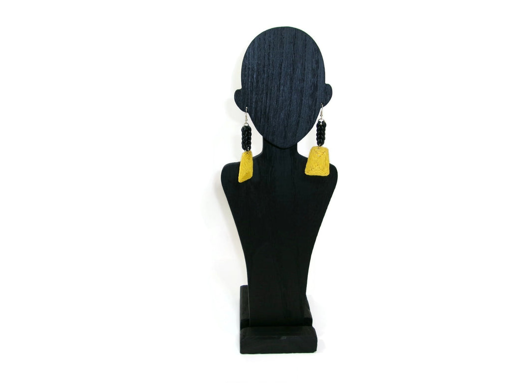 Womens Ear Candy Statement Drop Earrings Yellow Raffia & Black Rubber Design