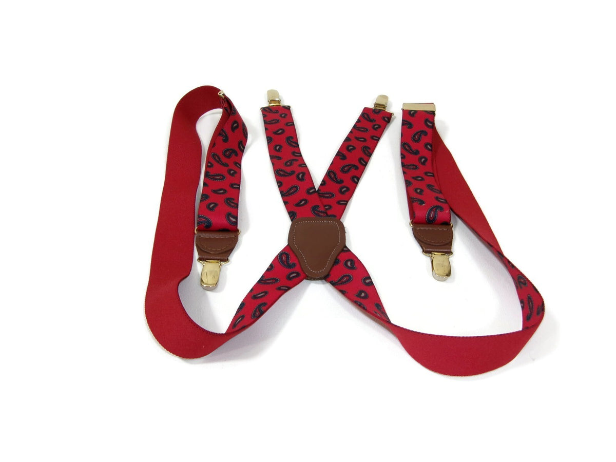Mens Red Paisley Suspenders w/ Y Back Design & Metal Clips Md In West Germany