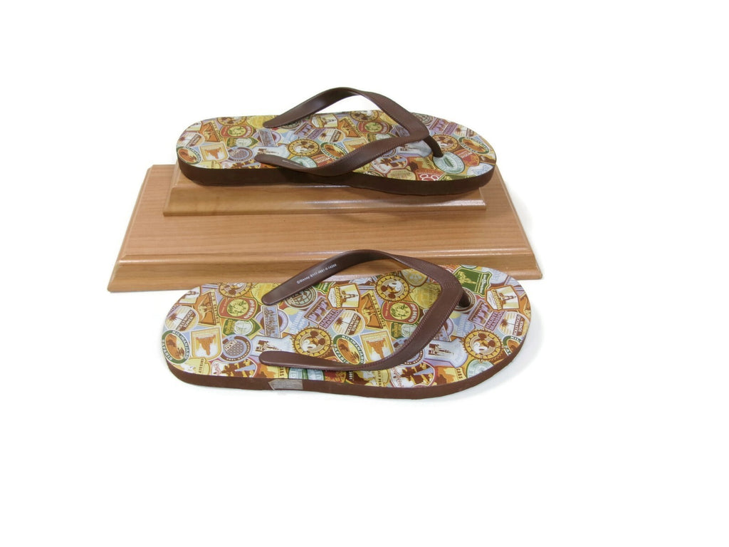 Walt Disney World Mens Flip Flops w/ Multi Park Logo Patterns Brown Size M 6 - 7