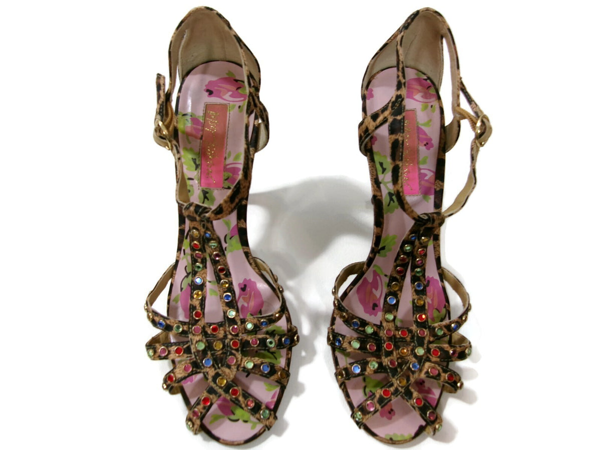 Womens Betsey Johnson Cheetah Print Sandals Shoes Size  6 M with Rhinestones