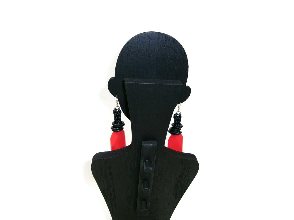 Womens Ear Candy Statement Drop Earrings Large  Redish Orange / Black Unique
