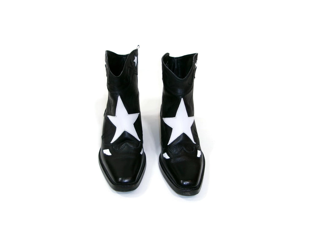 Pull & Bear Womens Black Leather White Star Western Boots Shoes SZ 39 EU 8.5 US