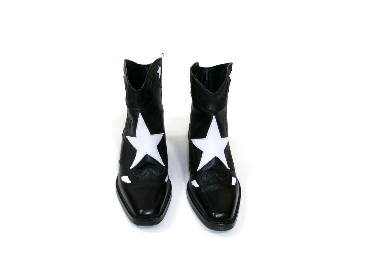 Pull & Bear Womens Black Leather White Star Western Boots Shoes SZ 39 EU 8.5 US