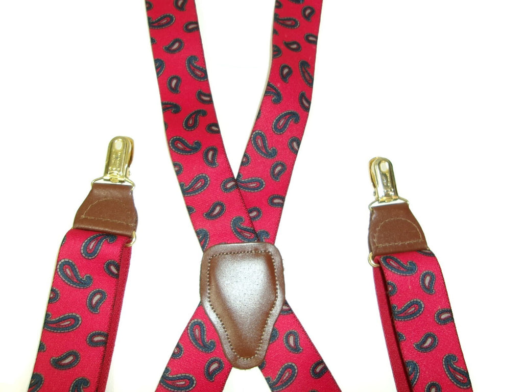 Mens Red Paisley Suspenders w/ Y Back Design & Metal Clips Md In West Germany