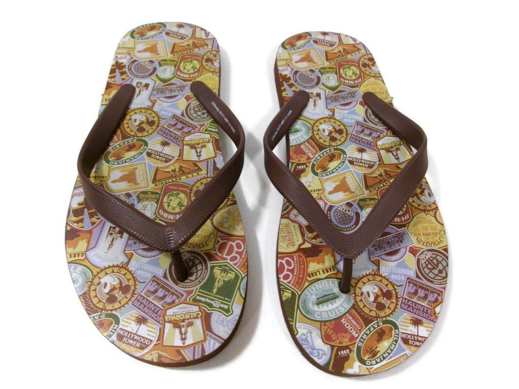 Walt Disney World Mens Flip Flops w/ Multi Park Logo Patterns Brown Size M 6 - 7