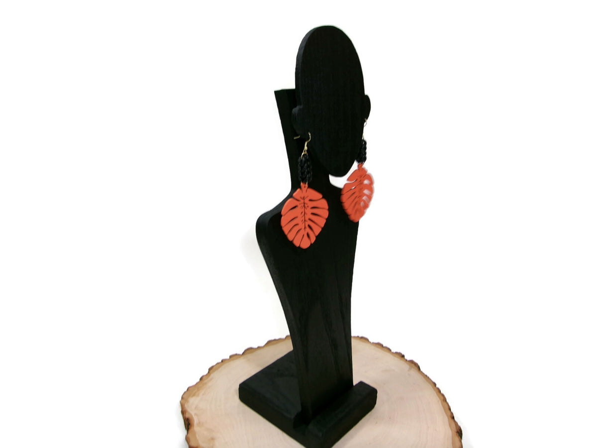 Womens Ear Candy Statement Drop Earrings Orange Wood Leaf & Unique Rubber Design