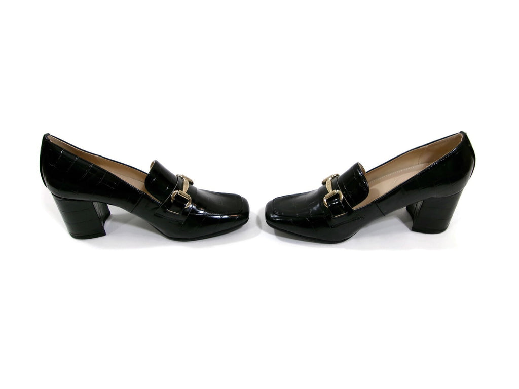 Liz Claiborne Womens Black Croc Embossed Heels Pumps Shoes Size 6 M Gold Buckle