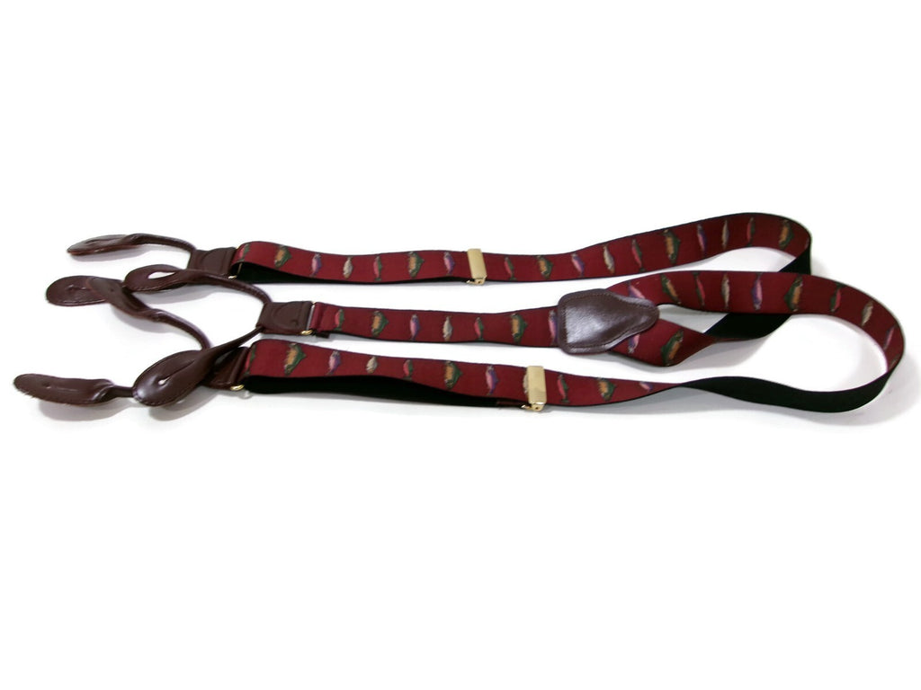 Mens  Burgundy /Redish  Suspenders Pelican USA Trout Fish Leather Tabs