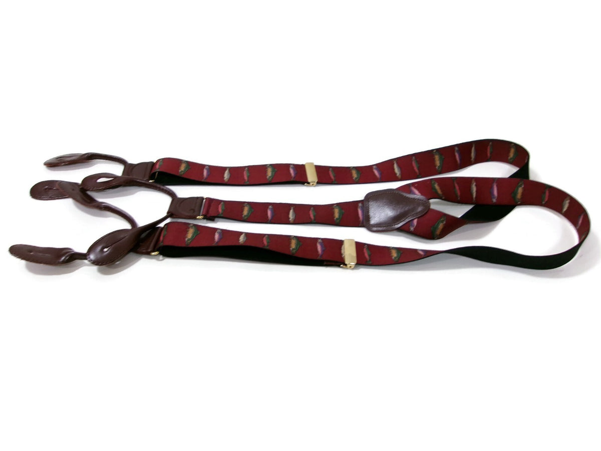 Mens  Burgundy /Redish  Suspenders Pelican USA Trout Fish Leather Tabs