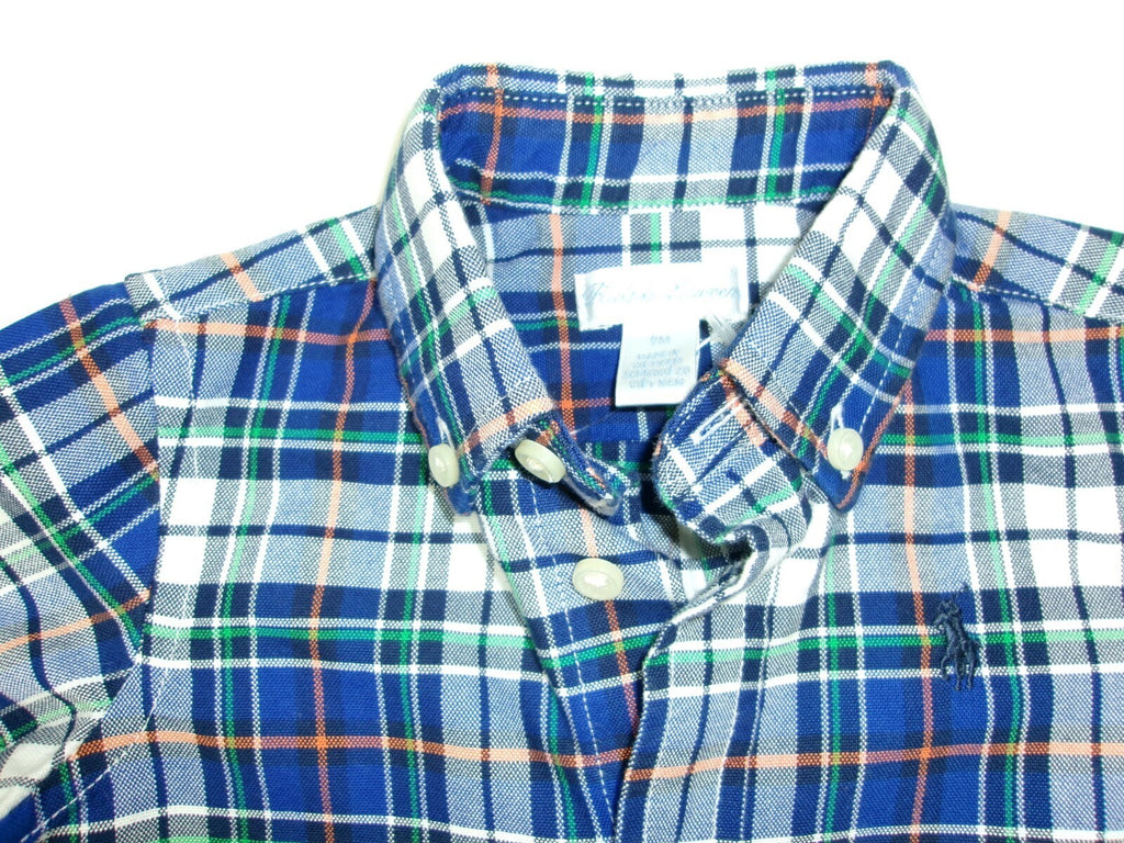 Ralph Lauren Baby Infant Boys Button Down Long Sleeve Plaid Shirt Size 9M Blue