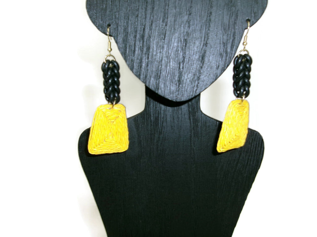 Womens Ear Candy Statement Drop Earrings Yellow Raffia & Black Rubber Design