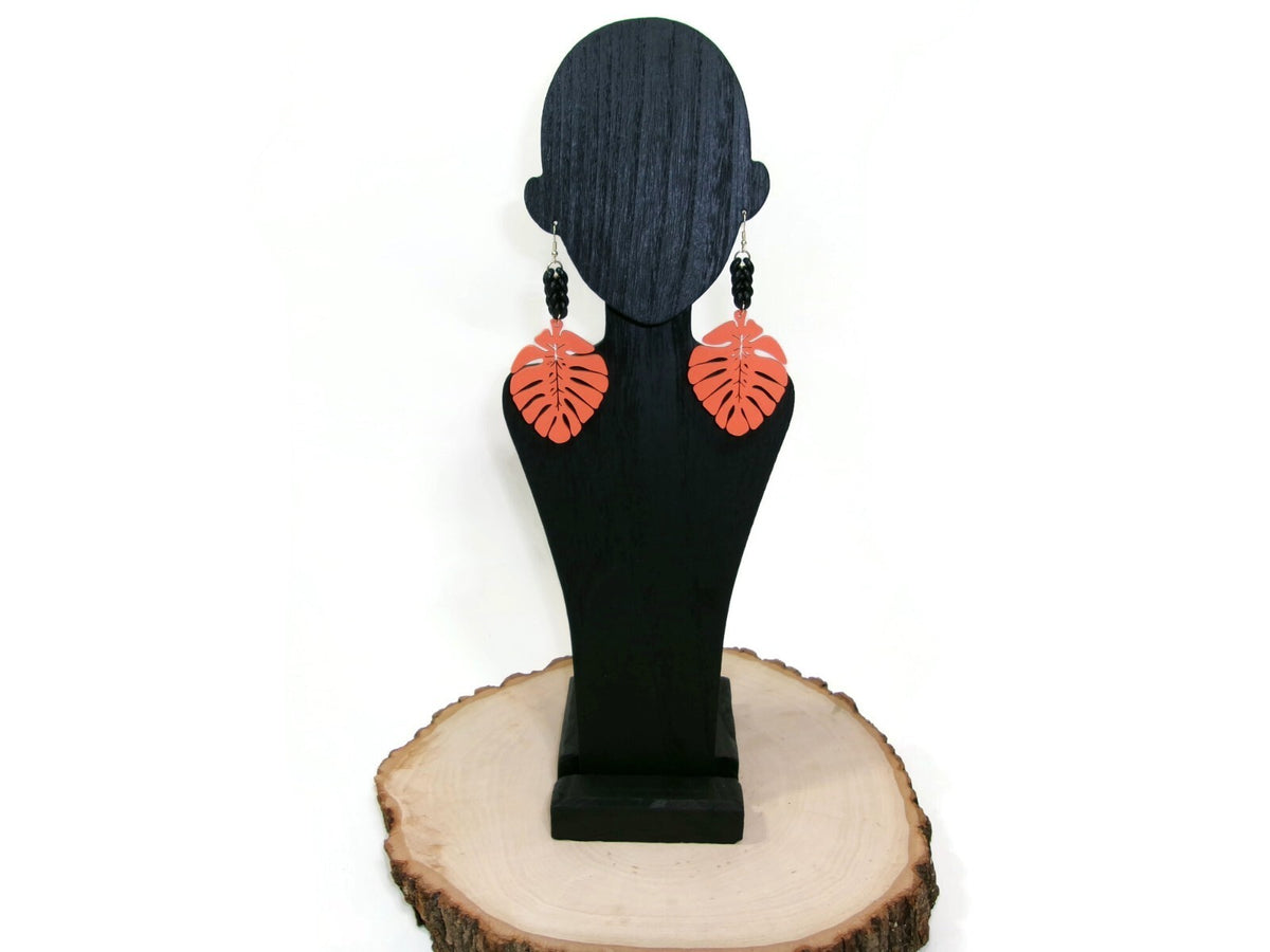 Womens Ear Candy Statement Drop Earrings Orange Wood Leaf & Unique Rubber Design