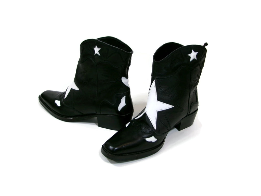 Pull & Bear Womens Black Leather White Star Western Boots Shoes SZ 39 EU 8.5 US