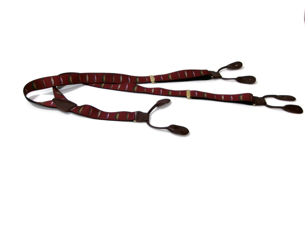 Mens  Burgundy /Redish  Suspenders Pelican USA Trout Fish Leather Tabs