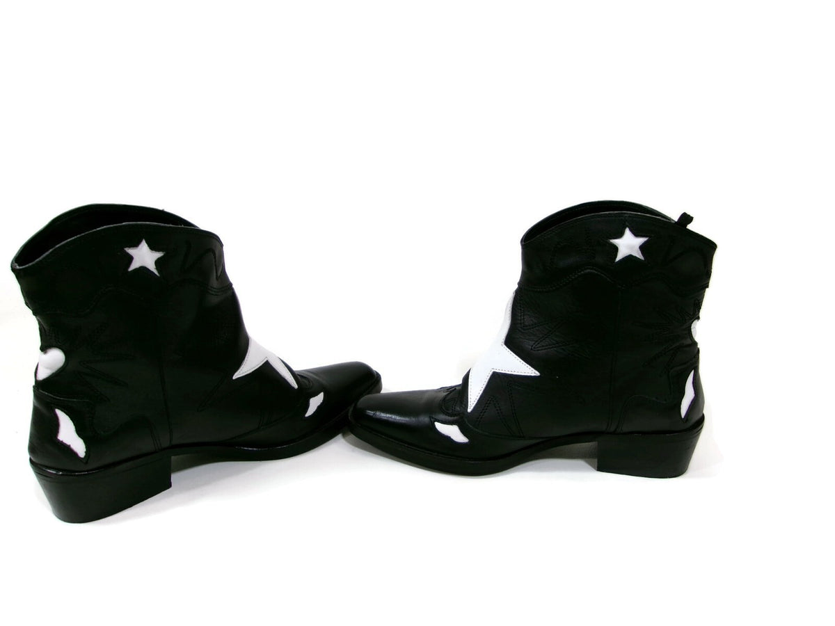 Pull & Bear Womens Black Leather White Star Western Boots Shoes SZ 39 EU 8.5 US