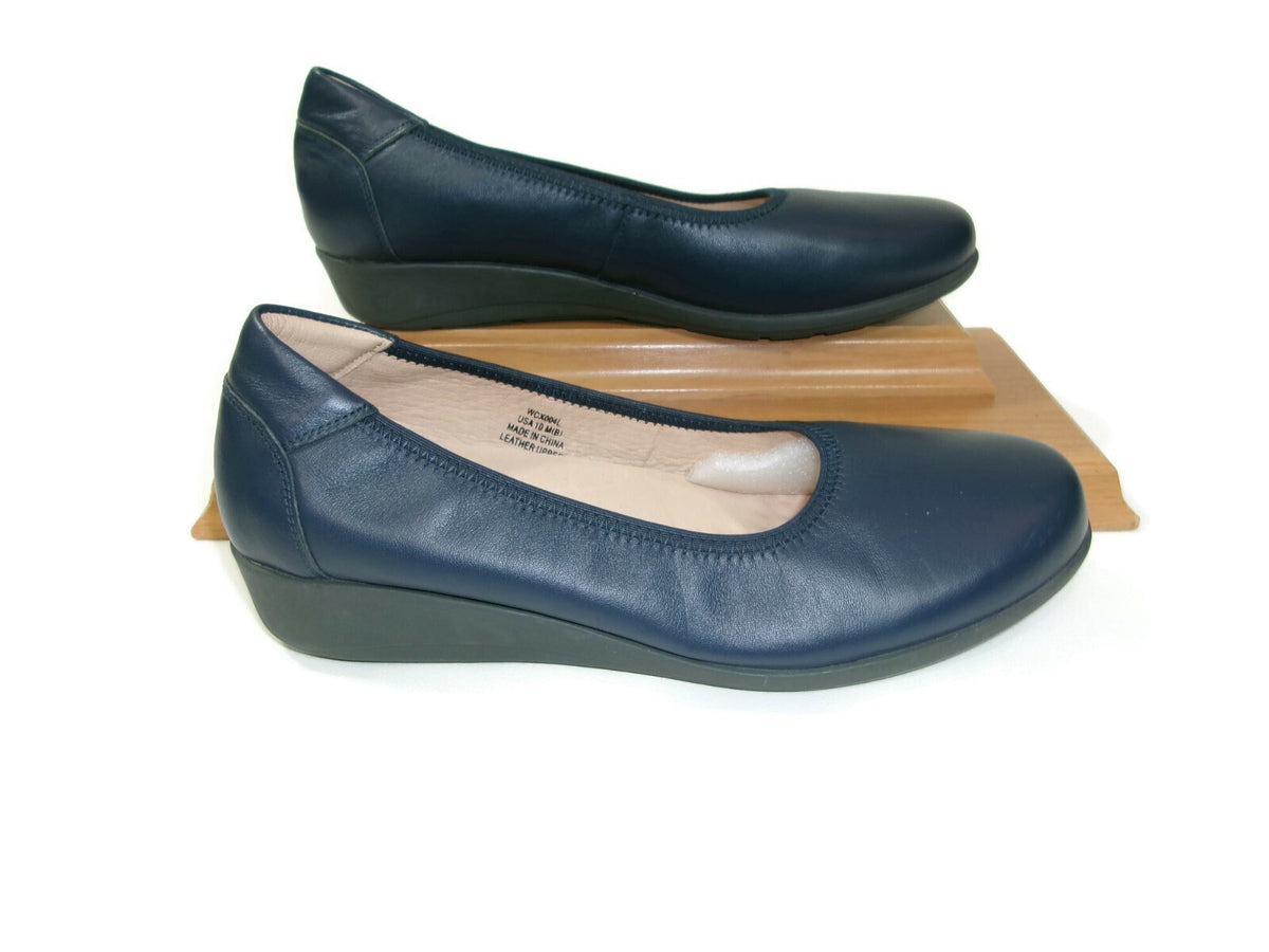 Propet Yara Navy Blue Comfort Leather Low Flat Wedges Womens Shoes Size 10 M
