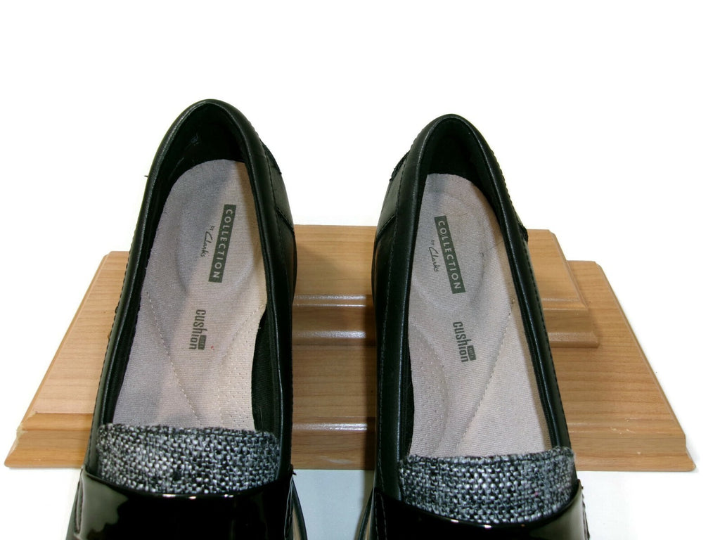 Clarks Womens Shoes Size 9.5 M Black Leather & Tweed & Patent Low Wedge Heels