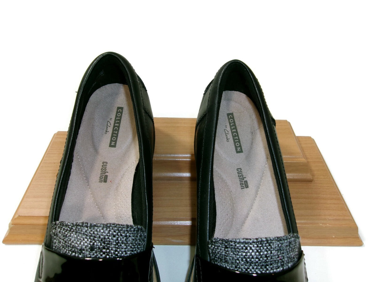 Clarks Womens Shoes Size 9.5 M Black Leather & Tweed & Patent Low Wedge Heels