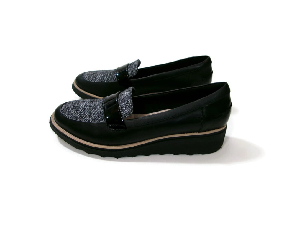 Clarks Womens Shoes Size 9.5 M Black Leather & Tweed & Patent Low Wedge Heels