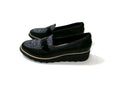 Clarks Womens Shoes Size 9.5 M Black Leather & Tweed & Patent Low Wedge Heels