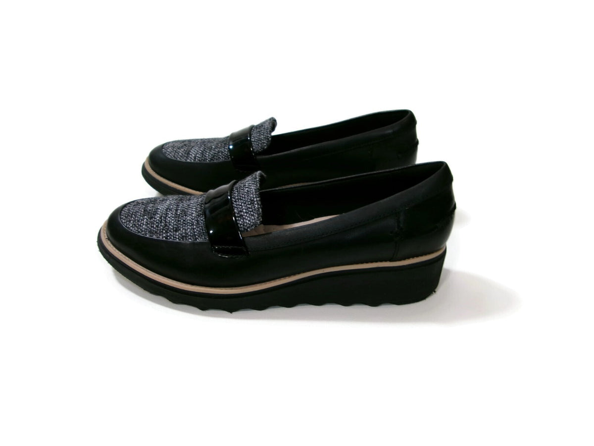 Clarks Womens Shoes Size 9.5 M Black Leather & Tweed & Patent Low Wedge Heels