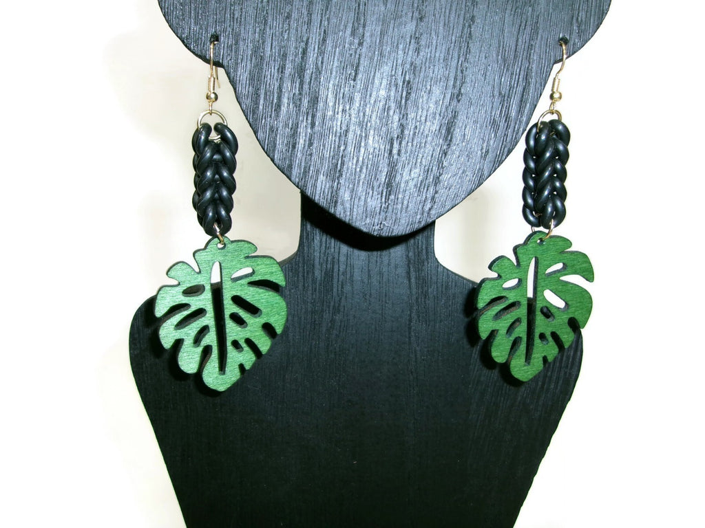Womens Ear Candy Statement Drop Earrings Green Wood Leaf & Unique Rubber Design