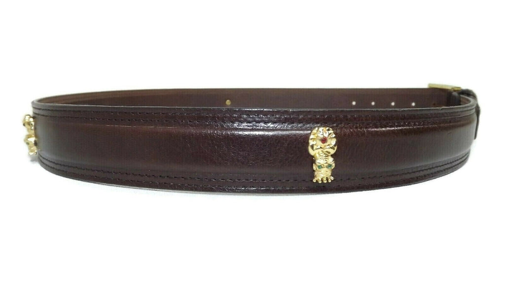 HAWAIIAN Tiki MAN Gold w/ Rhinestones Brown CUIR Italian Leather BELT Size 38