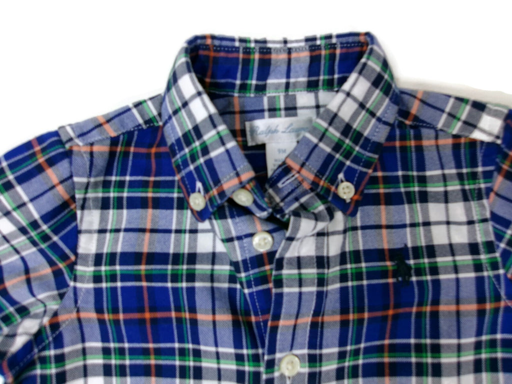 Ralph Lauren Baby Infant Boys Button Down Long Sleeve Plaid Shirt Size 9M Blue