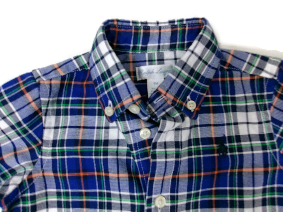 Ralph Lauren Baby Infant Boys Button Down Long Sleeve Plaid Shirt Size 9M Blue