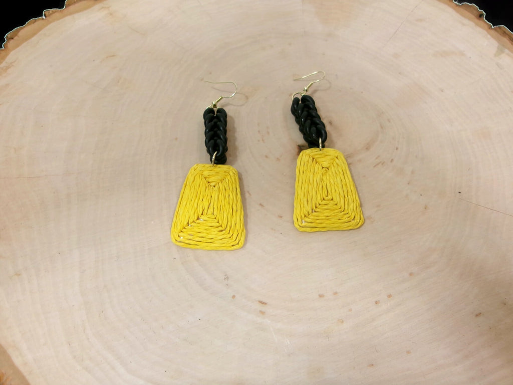 Womens Ear Candy Statement Drop Earrings Yellow Raffia & Black Rubber Design