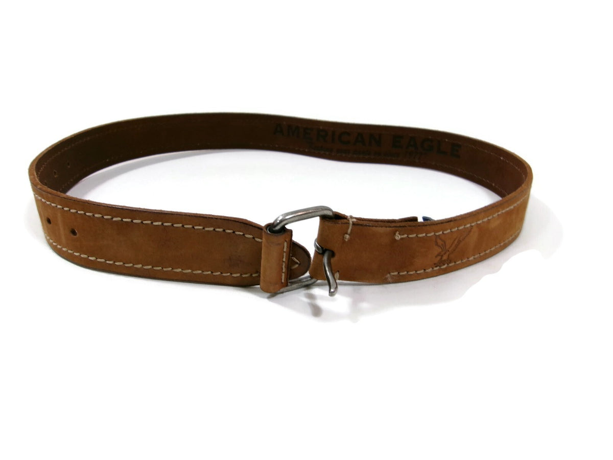 American Eagle Mens Distressed Light Tan Casual Belt Size 32 w/ Eagle Logo