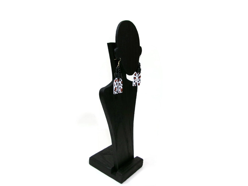 Womens Ear Candy Statement Earrings Leopard Print  Black Tan & White