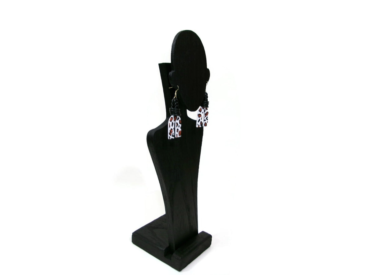 Womens Ear Candy Statement Earrings Leopard Print  Black Tan & White