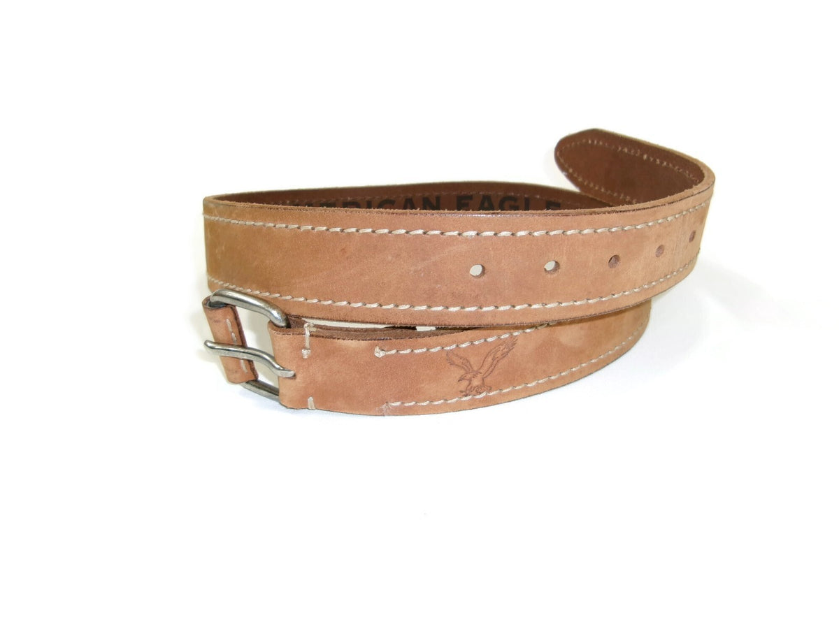 American Eagle Mens Distressed Light Tan Casual Belt Size 32 w/ Eagle Logo