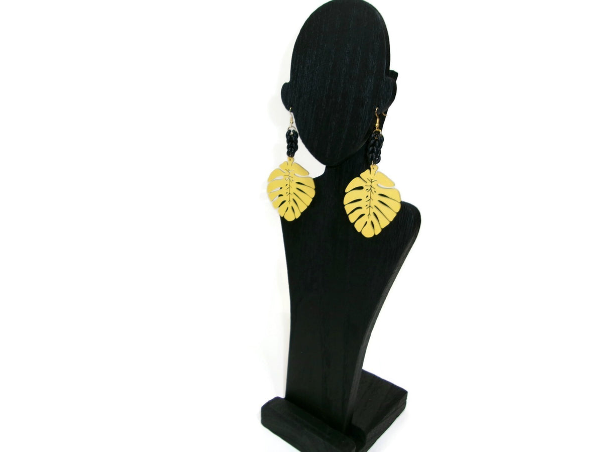Womens Ear Candy Statement Drop Earrings Yellow Wood Leaf & Unique Rubber Design