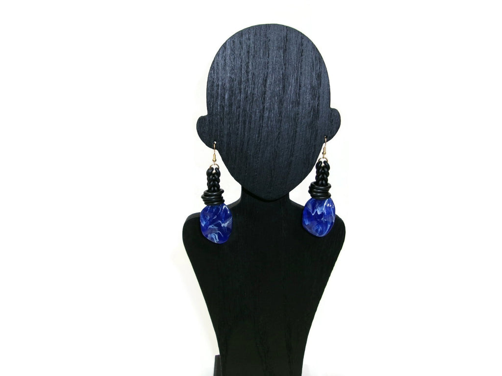 Womens Ear Candy Statement Earrings Blue Marble and Black Rubber Unique Design