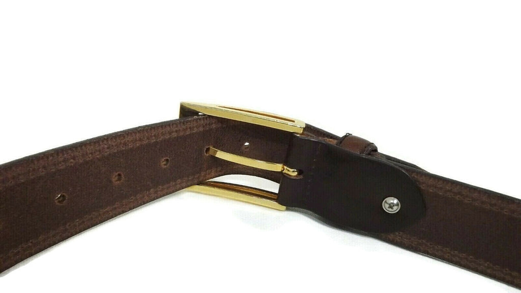 HAWAIIAN Tiki MAN Gold w/ Rhinestones Brown CUIR Italian Leather BELT Size 38