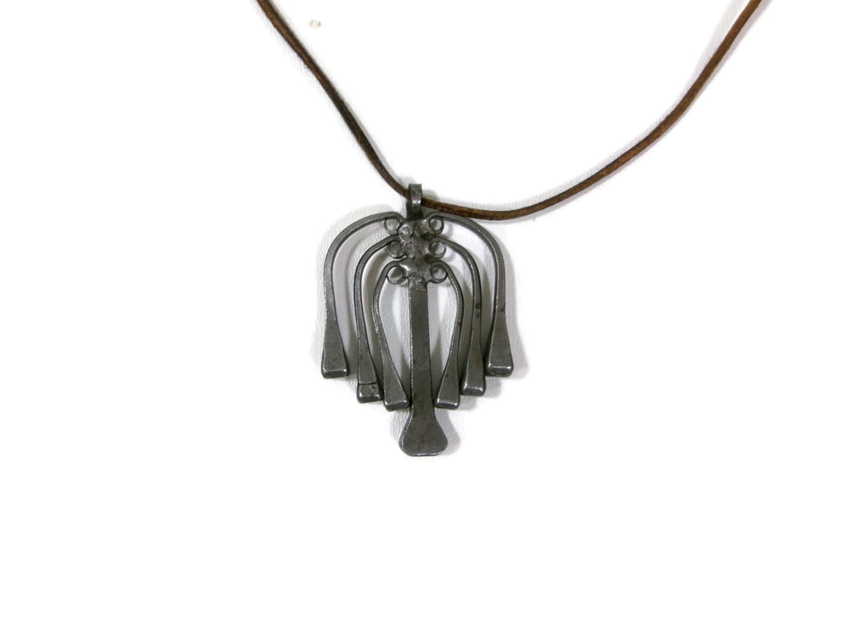 Retro Vintage Modernist Brutalist Pewter Skeleton  Necklace w/ Leather Cord 16.5