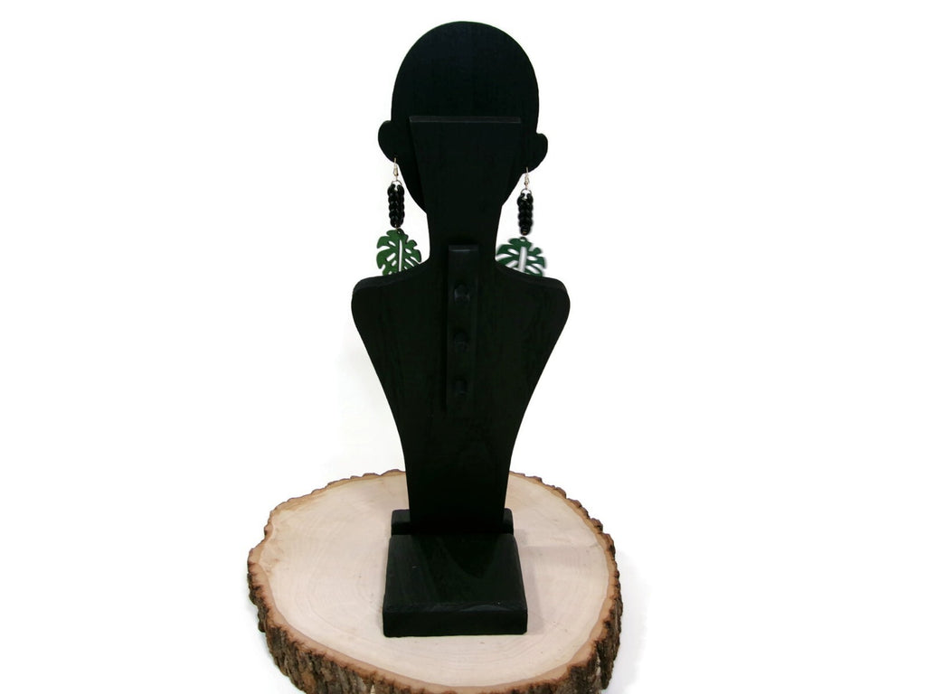 Womens Ear Candy Statement Drop Earrings Green Wood Leaf & Unique Rubber Design